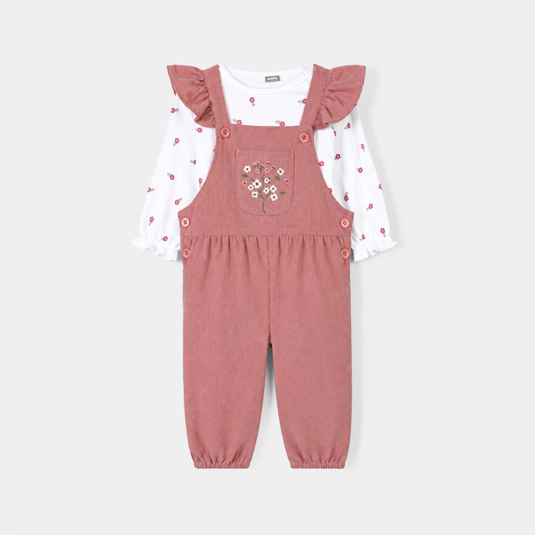 Infant Girls Corduroy Dungaree Suit-CORAL-Pink