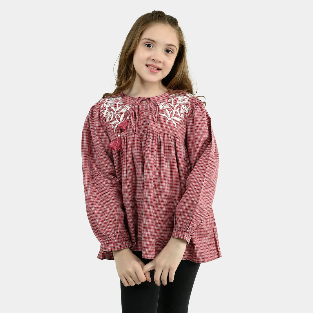 Girls CVC Emb Top Rose - Red