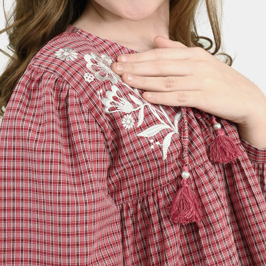 Girls CVC Emb Top Rose - Red