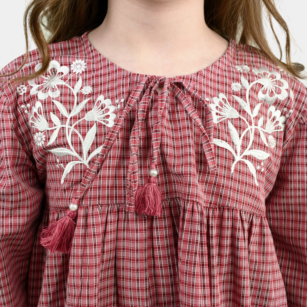 Girls CVC Emb Top Rose - Red
