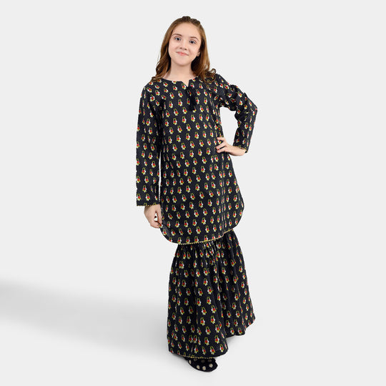 Girls Cotton Printed 2Pcs Peacock - BLACK