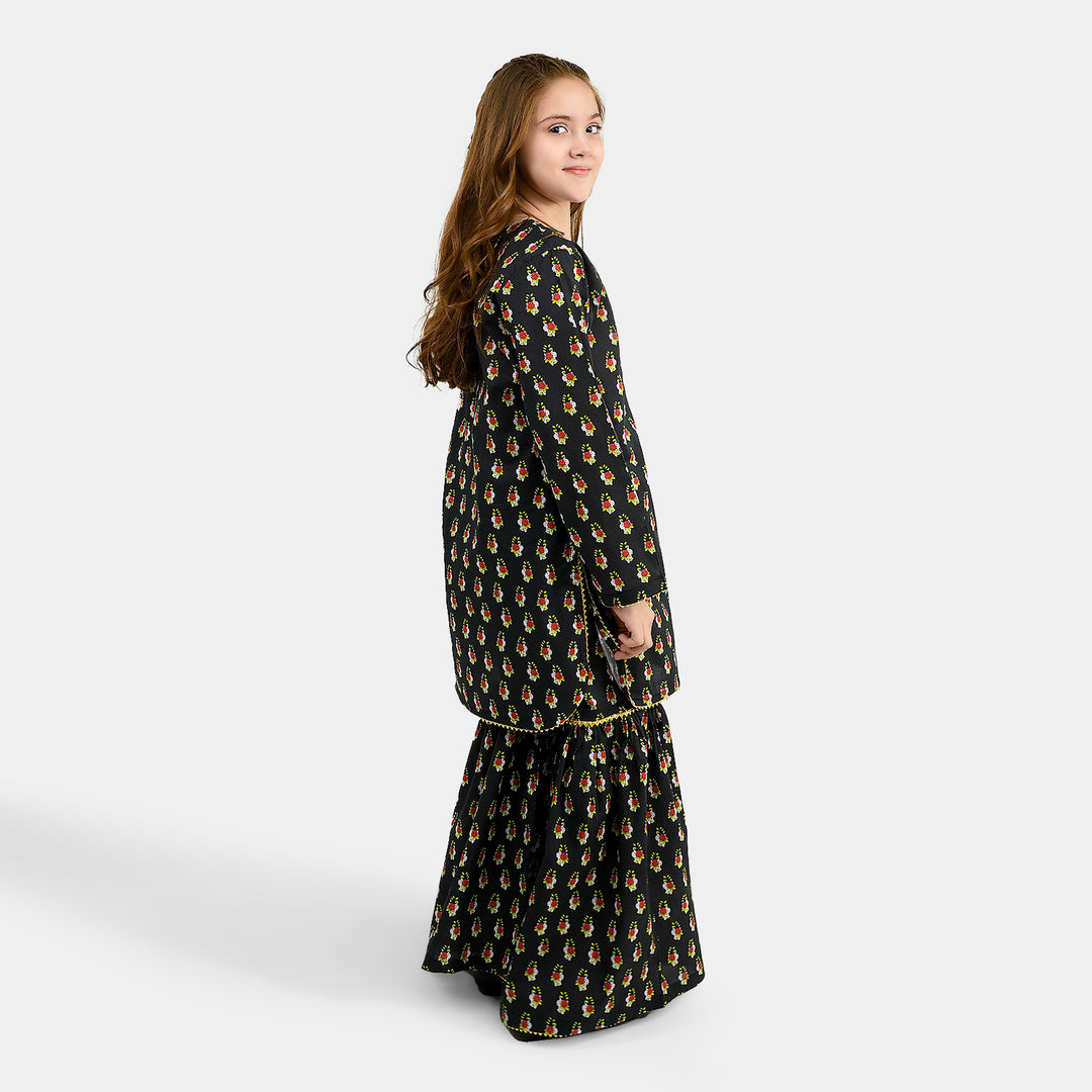 Girls Cotton Printed 2Pcs Peacock - BLACK