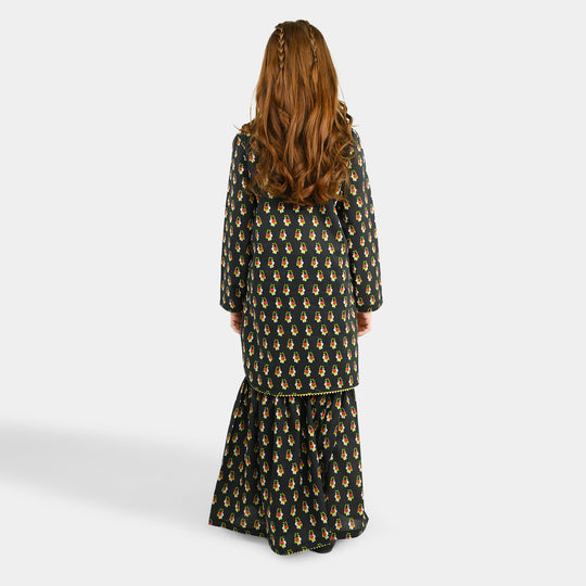 Girls Cotton Printed 2Pcs Peacock - BLACK