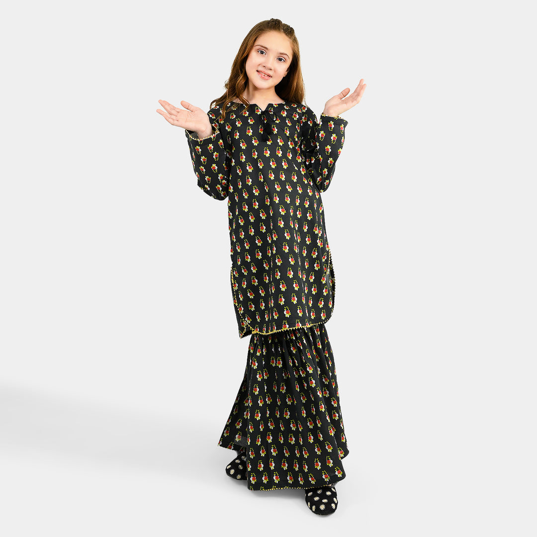 Girls Cotton Printed 2Pcs Peacock - BLACK