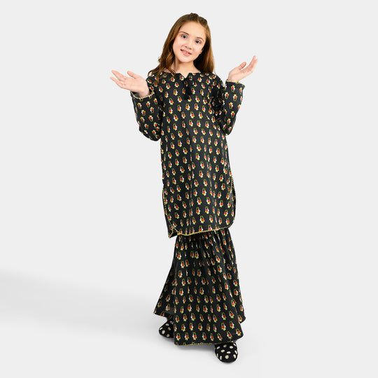 Girls Cotton Printed 2Pcs Peacock - BLACK