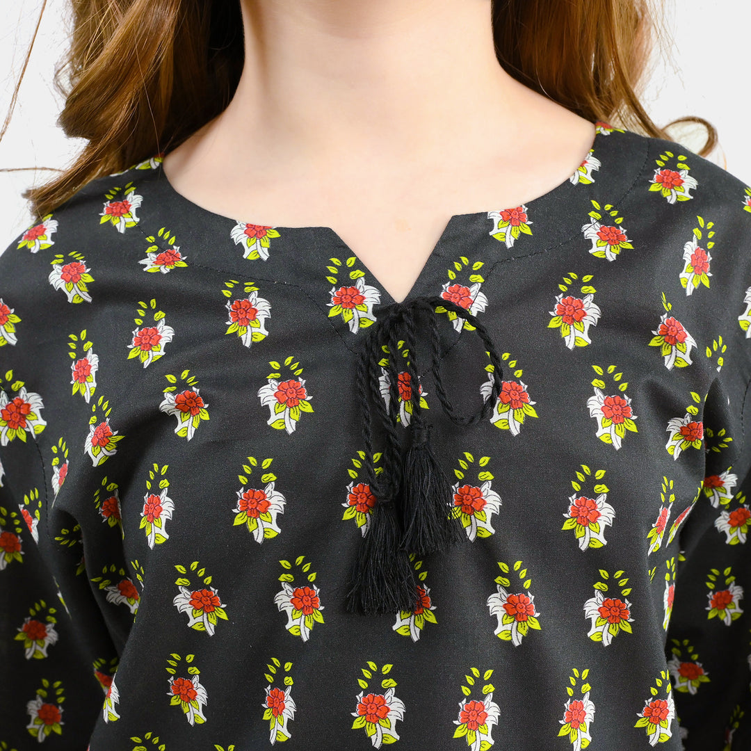 Girls Cotton Printed 2Pcs Peacock - BLACK