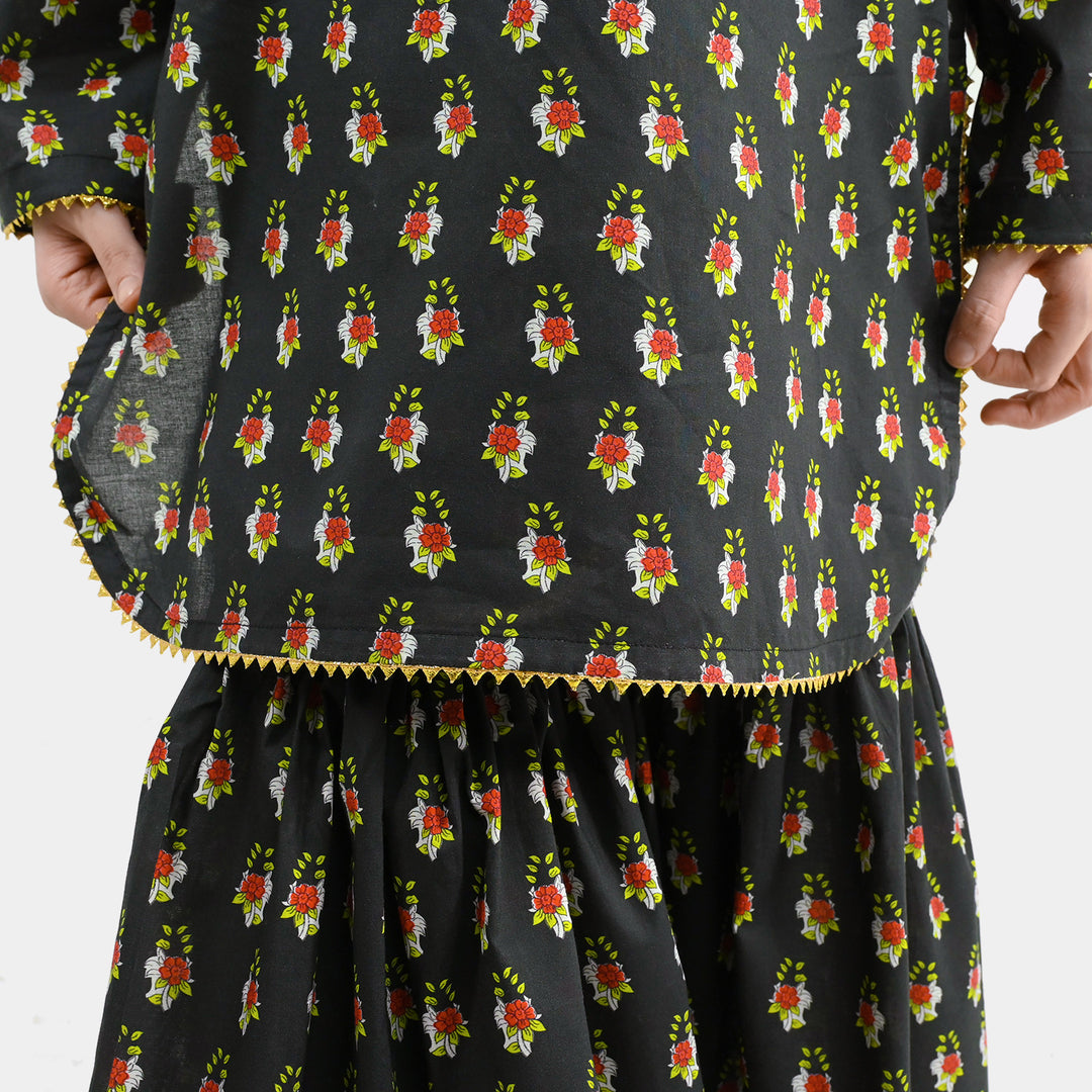 Girls Cotton Printed 2Pcs Peacock - BLACK