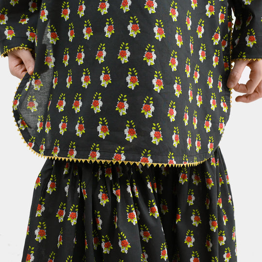 Girls Cotton Printed 2Pcs Peacock - BLACK