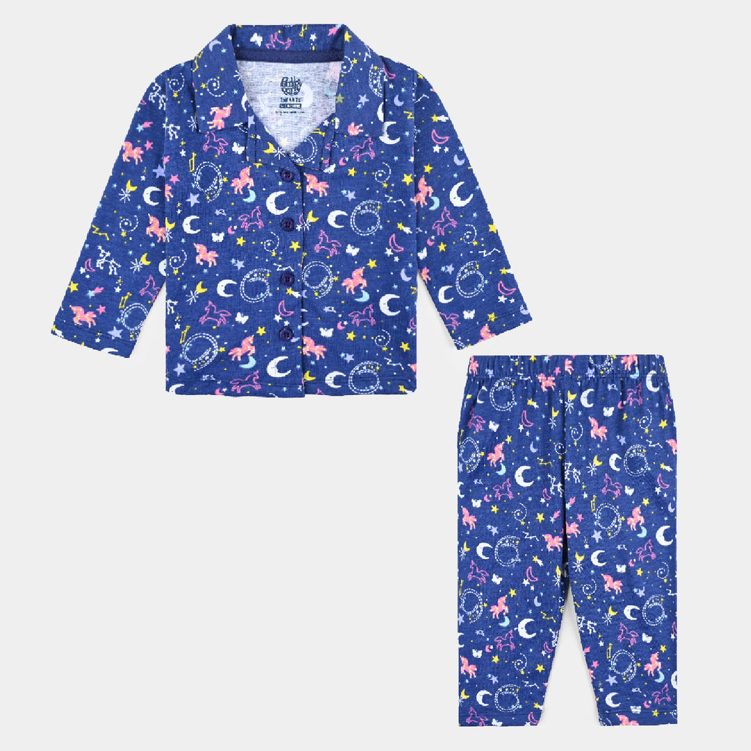Infant Girls Poly Cotton Knitted Night Suit Galaxy -Navy Blue