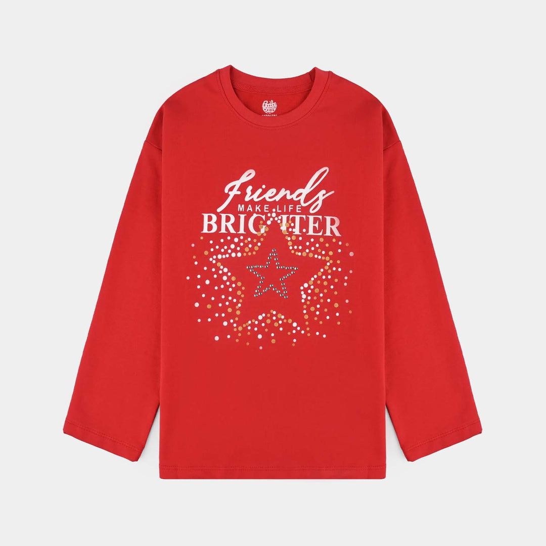Girls Cotton Terry T-Shirt (Friends) - Red