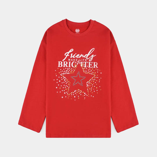 Girls Cotton Terry T-Shirt (Friends) - Red