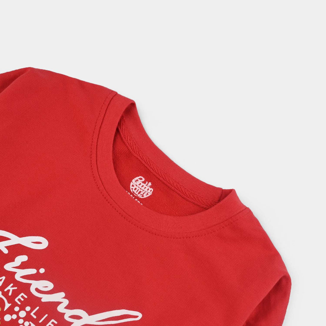 Girls Cotton Terry T-Shirt (Friends) - Red
