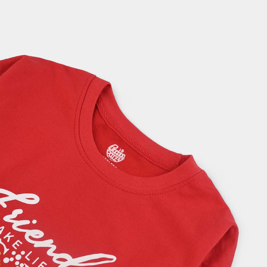 Girls Cotton Terry T-Shirt (Friends) - Red