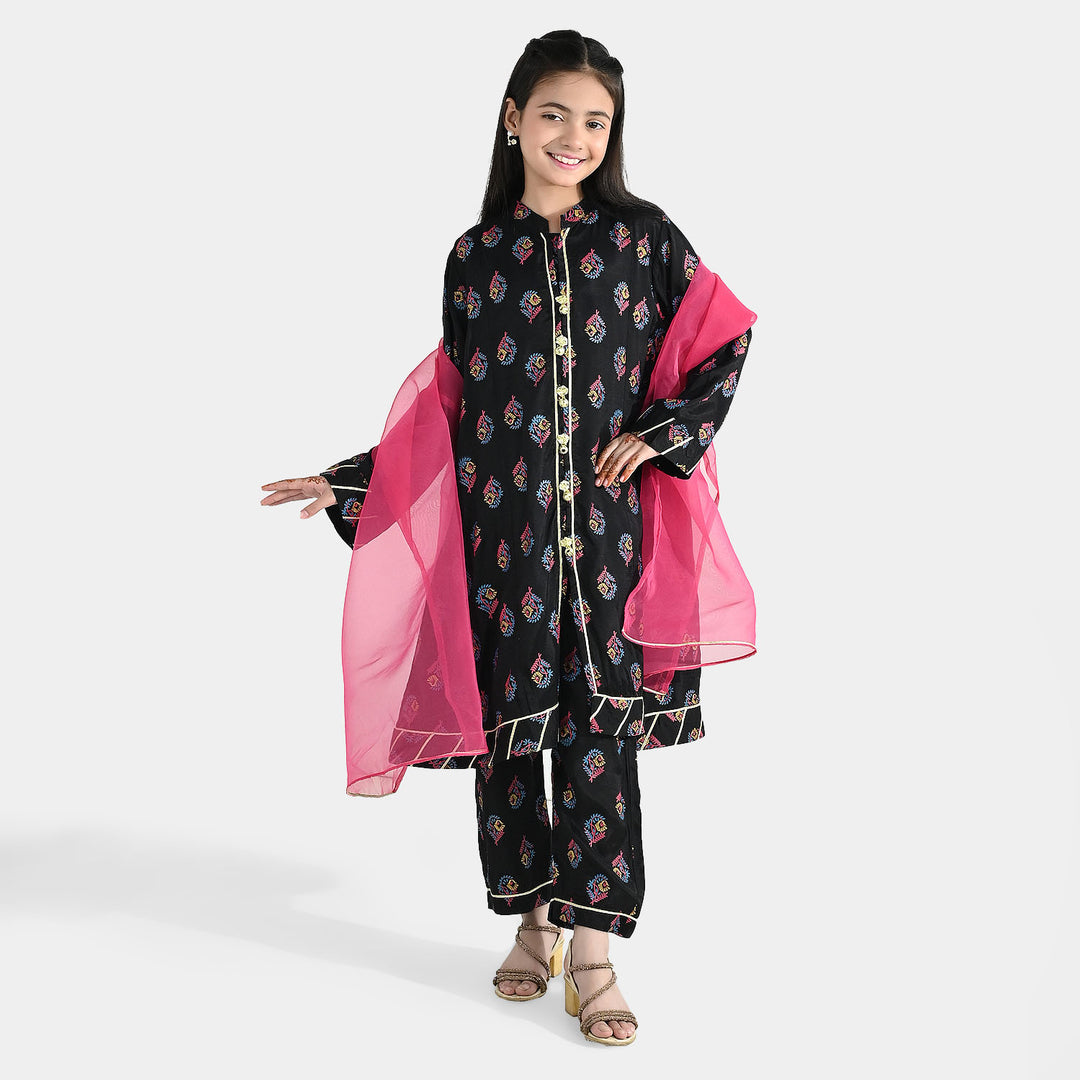 Girls Raw Silk 3-Pcs Suit (Aabroo) - Black