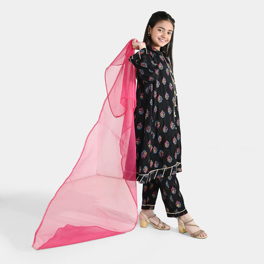 Girls Raw Silk 3-Pcs Suit (Aabroo) - Black