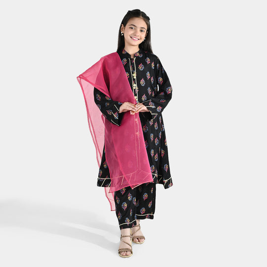 Girls Raw Silk 3-Pcs Suit (Aabroo) - Black