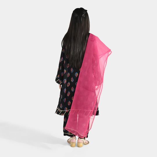Girls Raw Silk 3-Pcs Suit (Aabroo) - Black