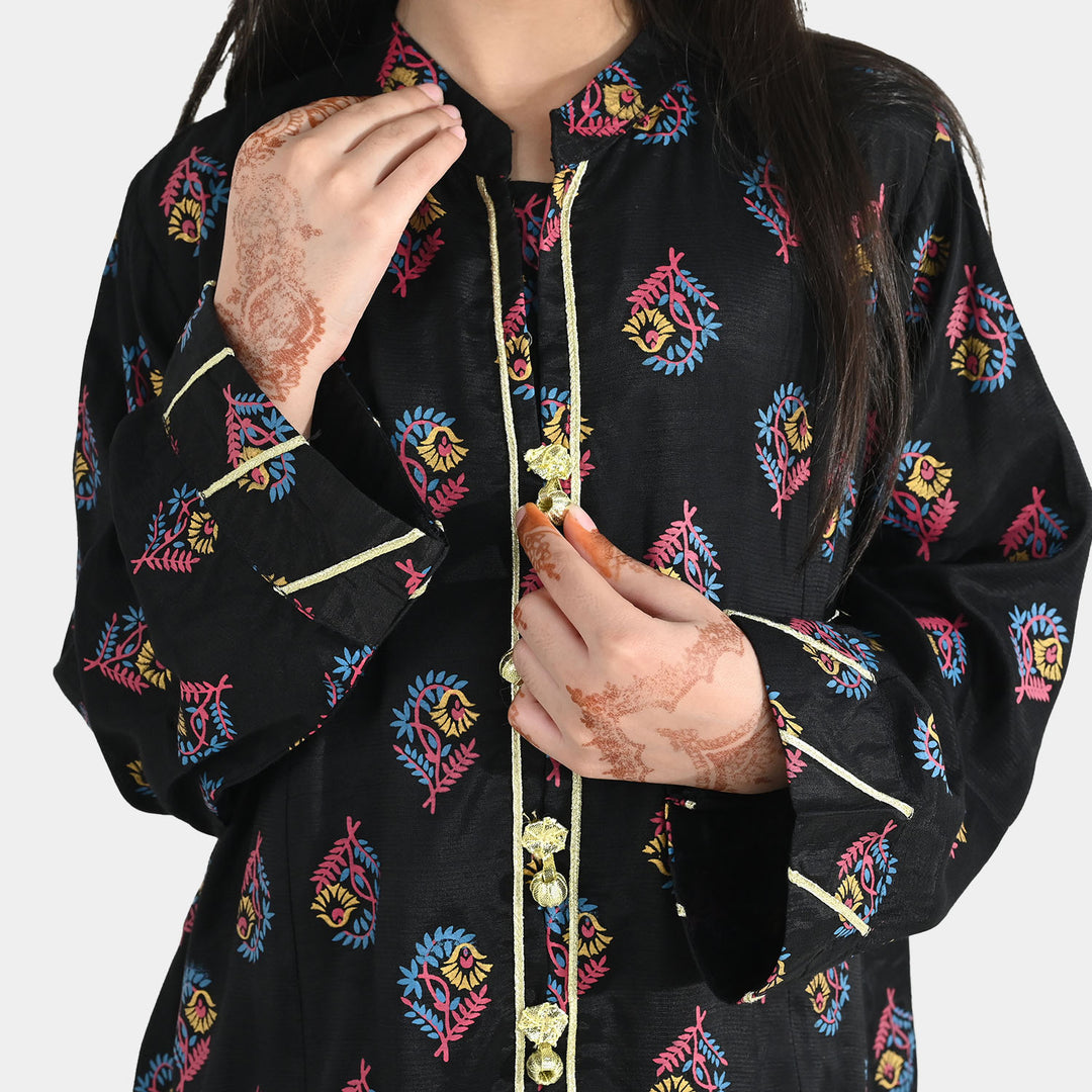 Girls Raw Silk 3-Pcs Suit (Aabroo) - Black