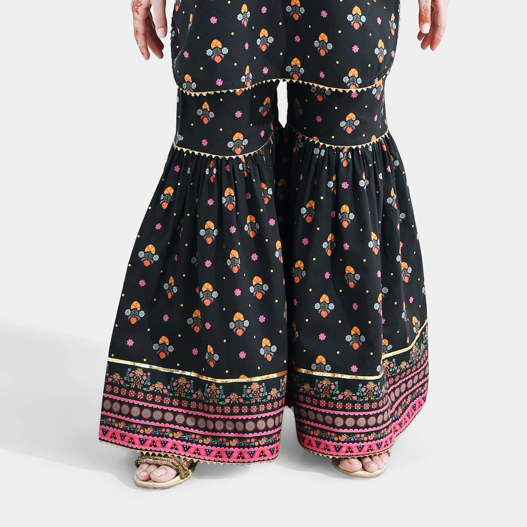 Girls Cotton Printed Gharara (Swan) – Black