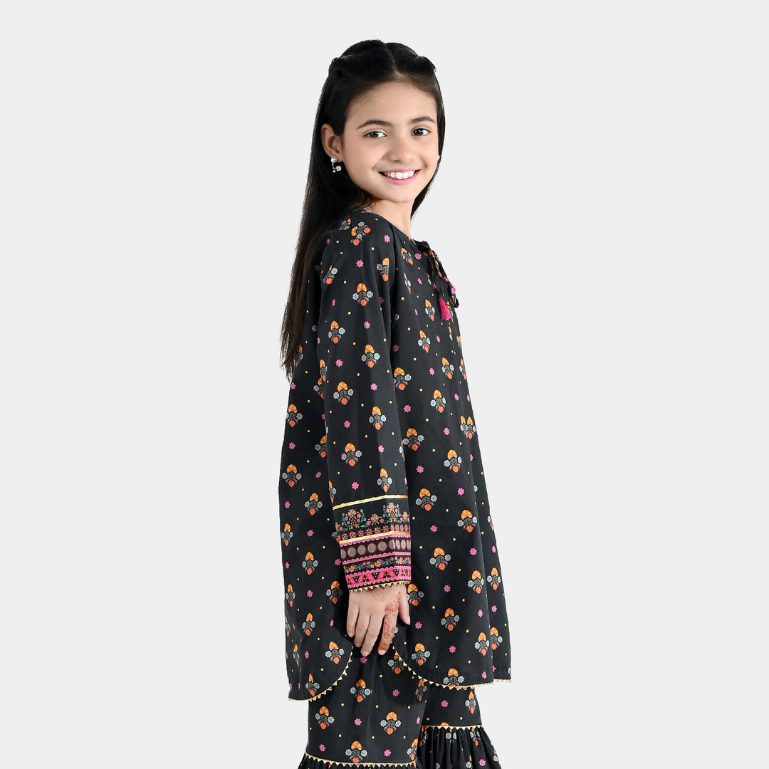 Girls Cotton Printed Kurti (Swan) - Black