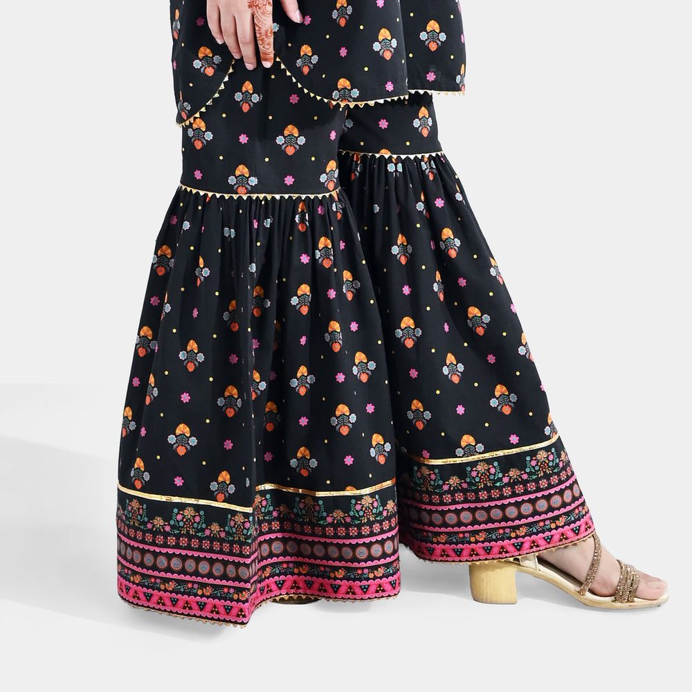 Girls Cotton Printed Gharara (Swan) – Black