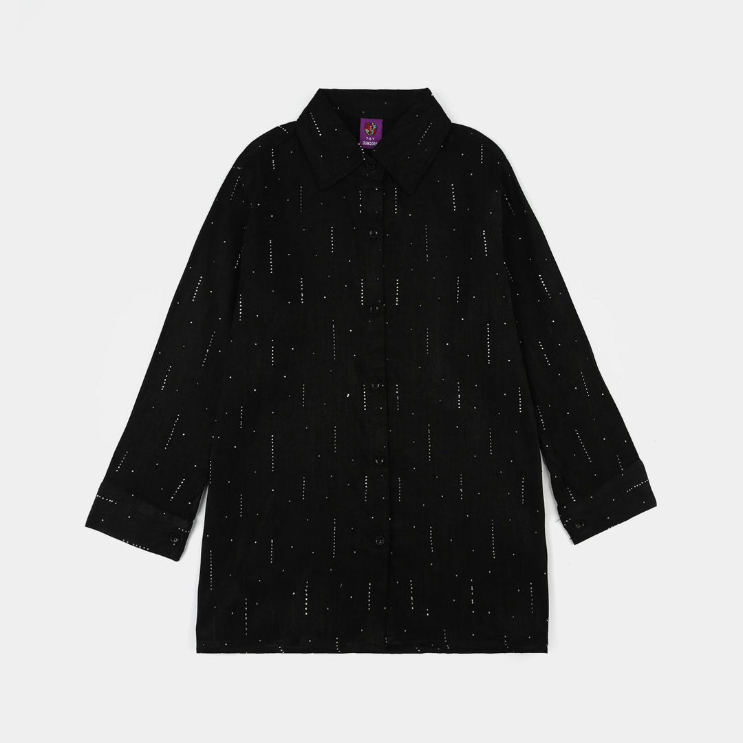 Teens Girls Poly Crinkle Casual Top – Black