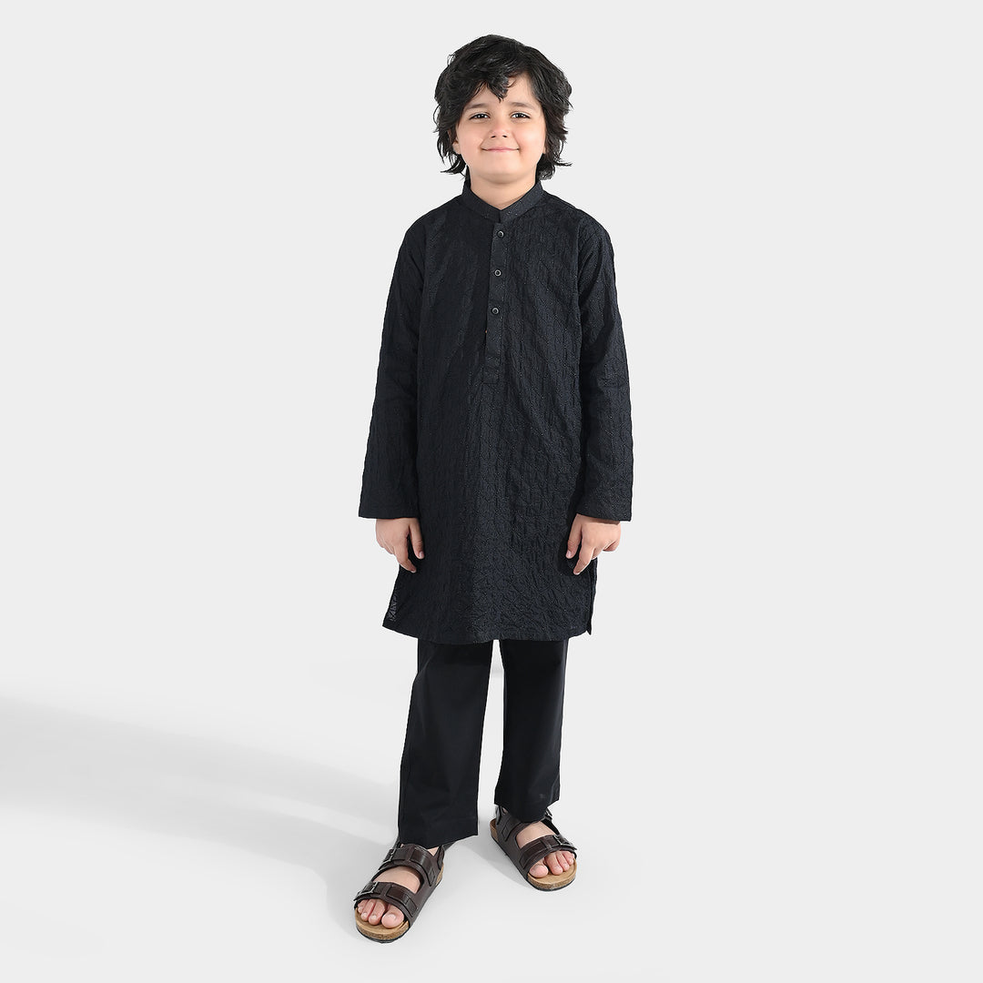 Boys Cotton Poplin 2Piece Suit (Chikankari)-BLACK