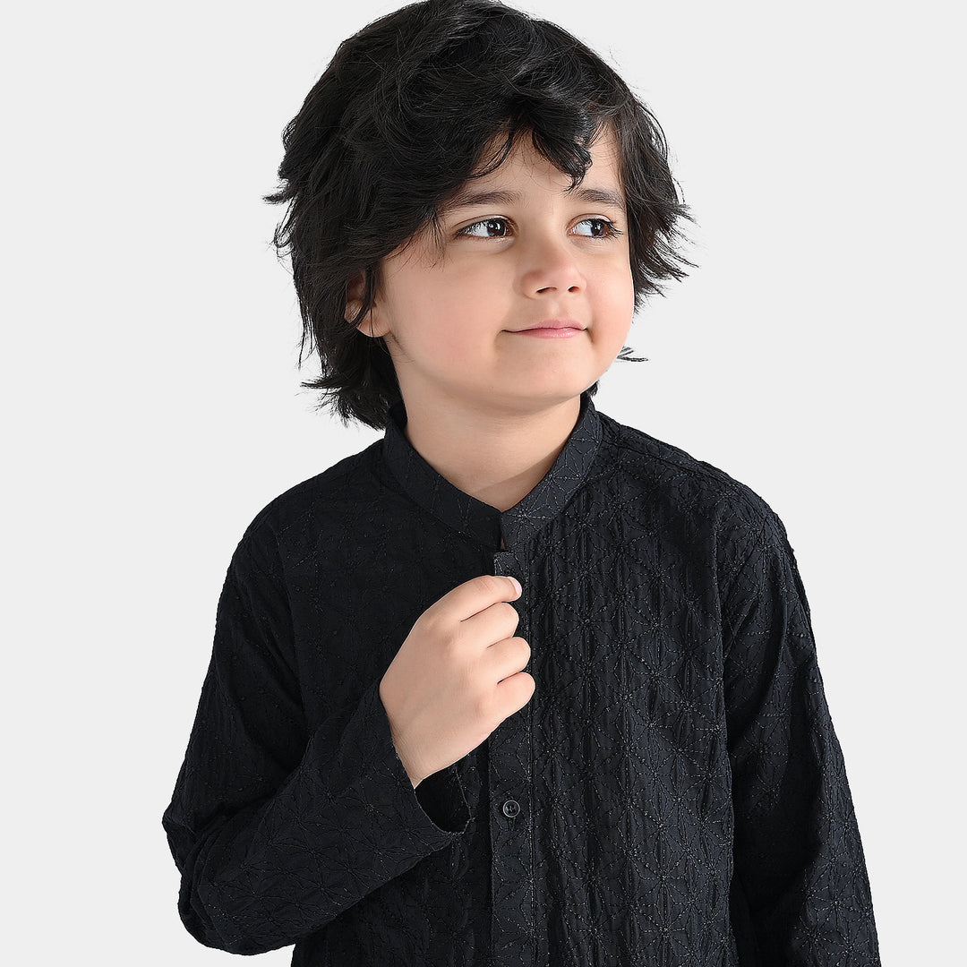 Boys Cotton Poplin 2Piece Suit (Chikankari)-BLACK