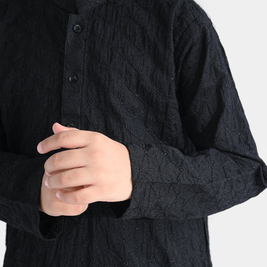 Boys Cotton Poplin 2Piece Suit (Chikankari)-BLACK