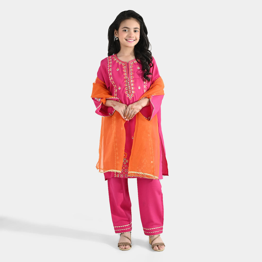 Girls Poly Cambric 3Pcs (Rangeen) – Shocking Pink
