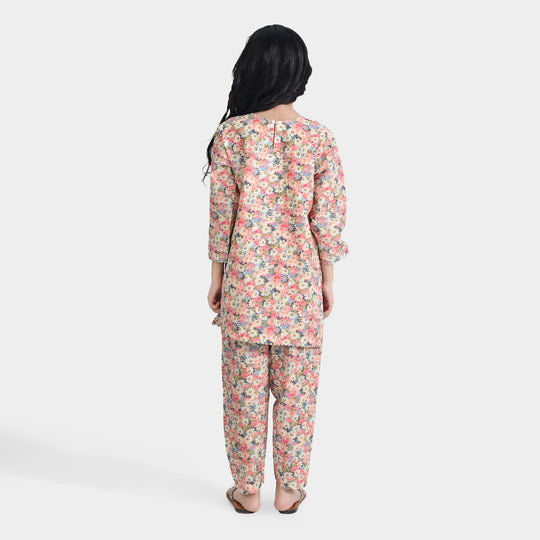 Girls Cotton Poplin Printed & EMB 2Pcs Peach-Multi