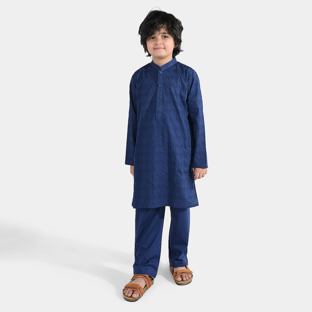 Boys Cotton Poplin Kurta Pajama (Chikankari) - Blue