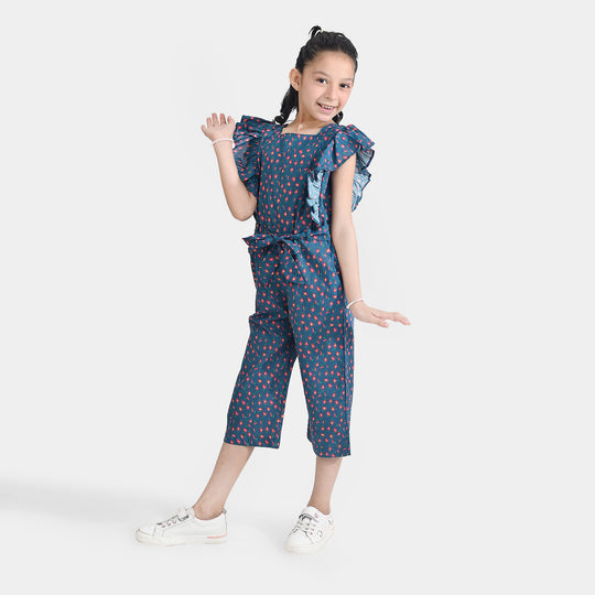 Girls Cotton Poplin Jumpsuit Frill-Multi