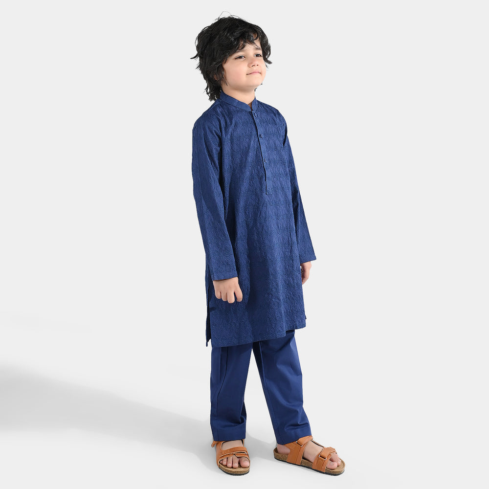 Boys Cotton Poplin Kurta Pajama (Chikankari) - Blue