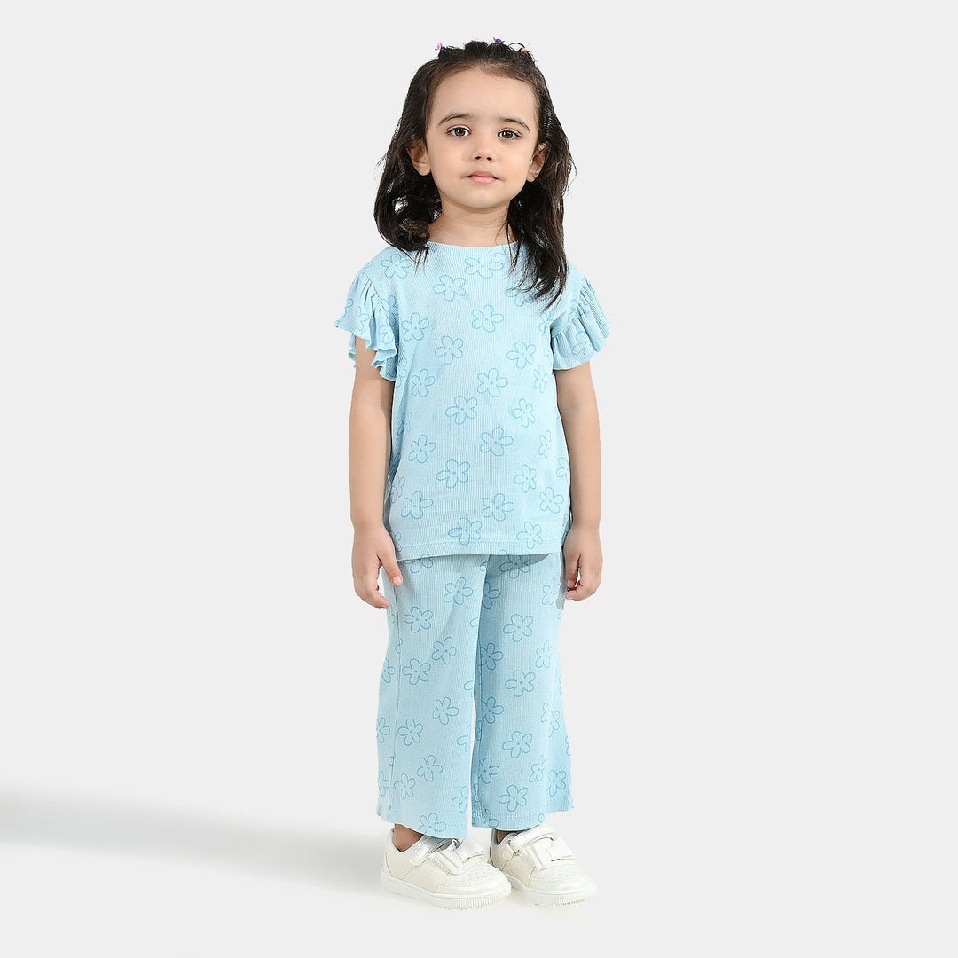 Girls Cotton Baby Rib 2 Piece Suit Flowers-Blue