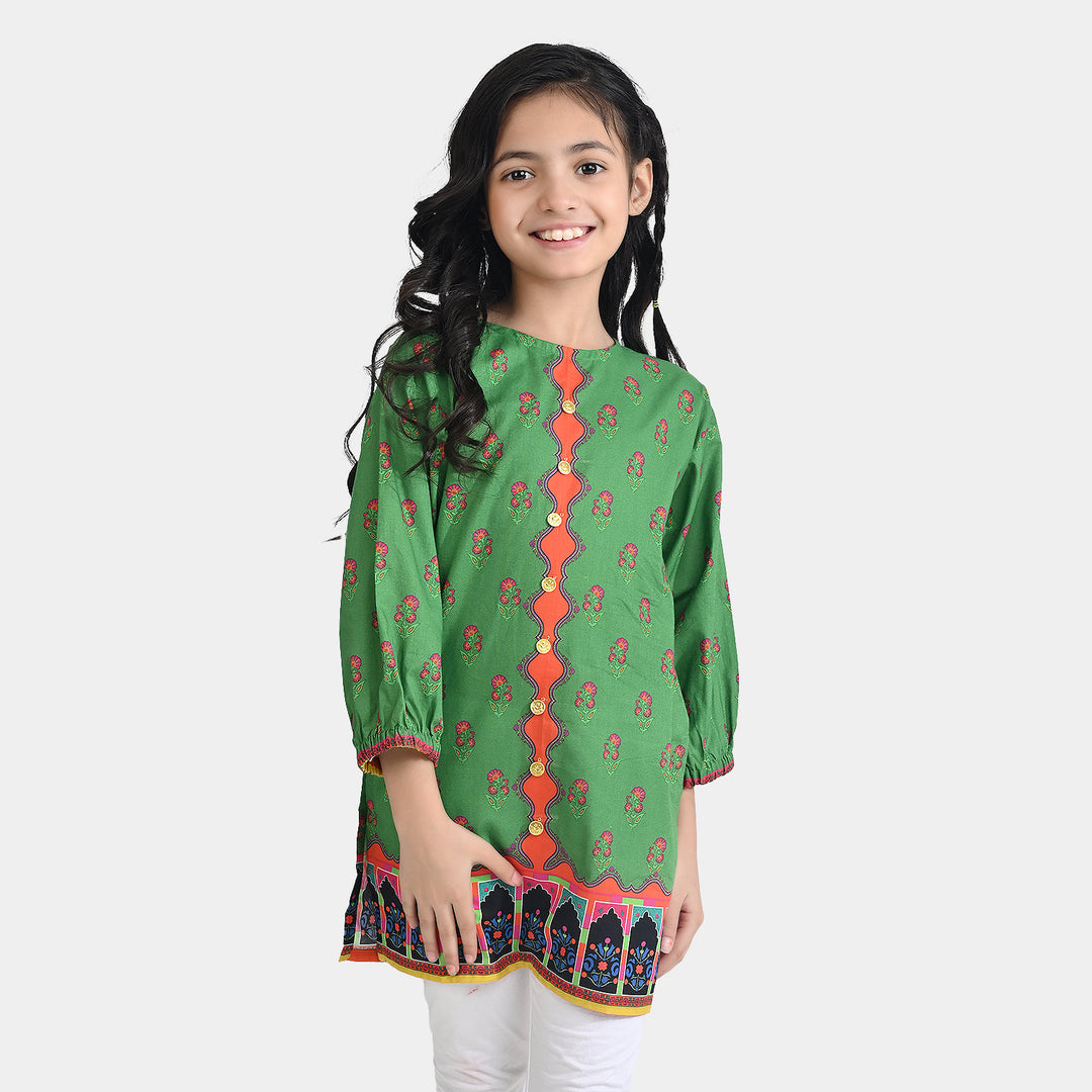 Girls Cotton Poplin Printed Kurti (Flowers) - Green