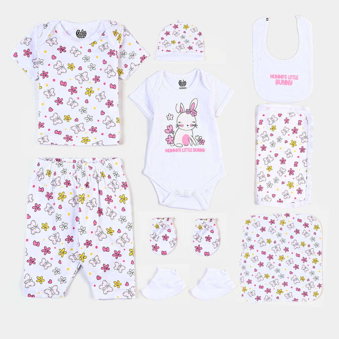 Infant Girls Cotton 9-Piece Set (Bunny) - Soft White
