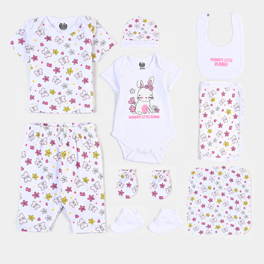 Infant Girls Cotton 9-Piece Set (Bunny) - Soft White