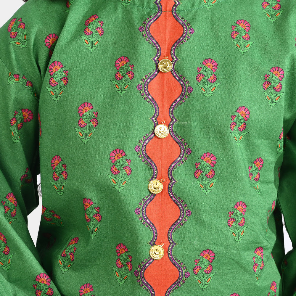 Girls Cotton Poplin Printed Kurti (Flowers) - Green
