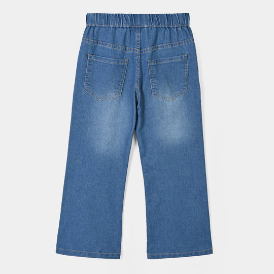 Girls Denim Stretch Jegging Eyelets-Mid Blue