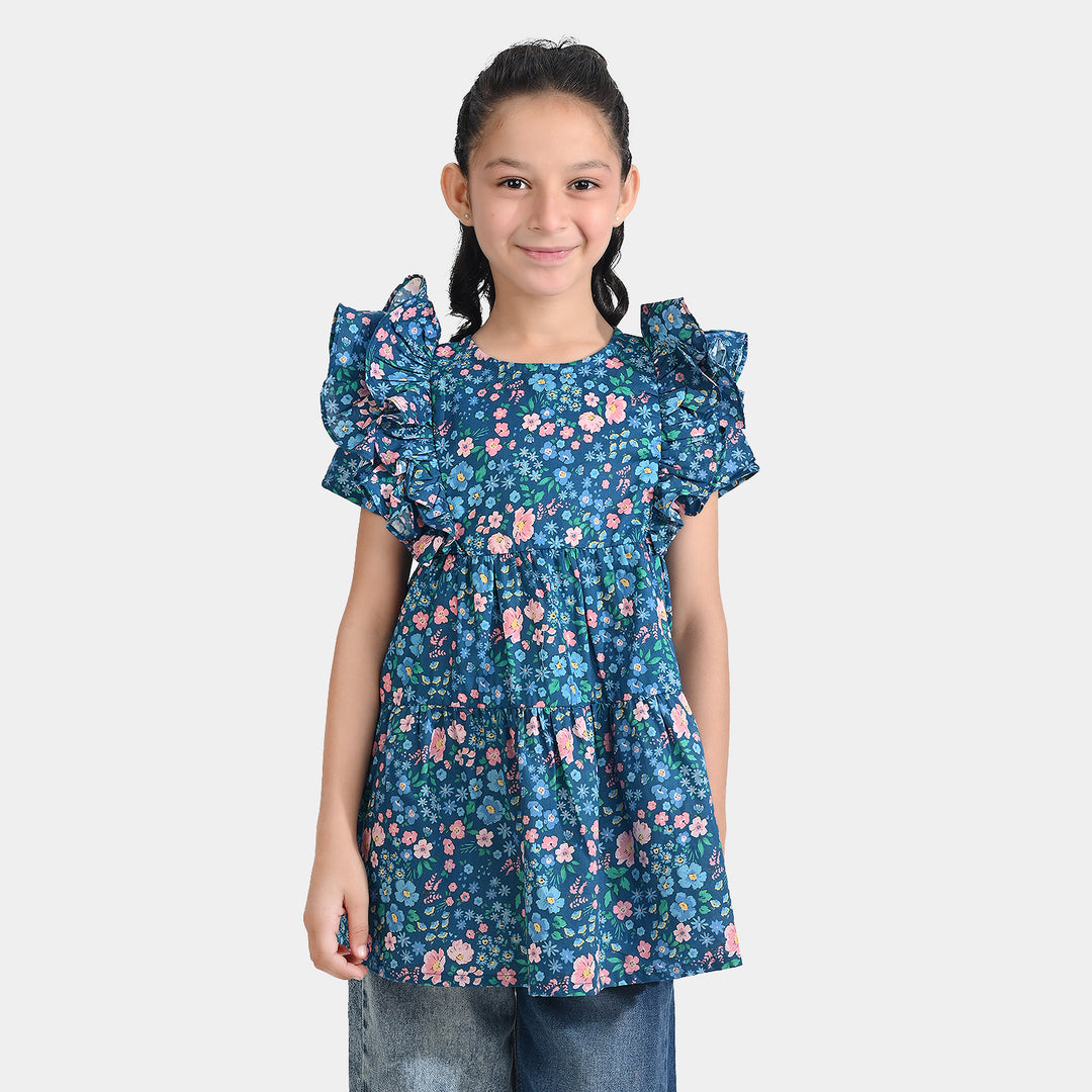Girls Cotton Poplin Casual Frock (Blue Floral) - Multi