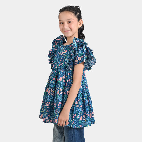Girls Cotton Poplin Casual Frock (Blue Floral) - Multi