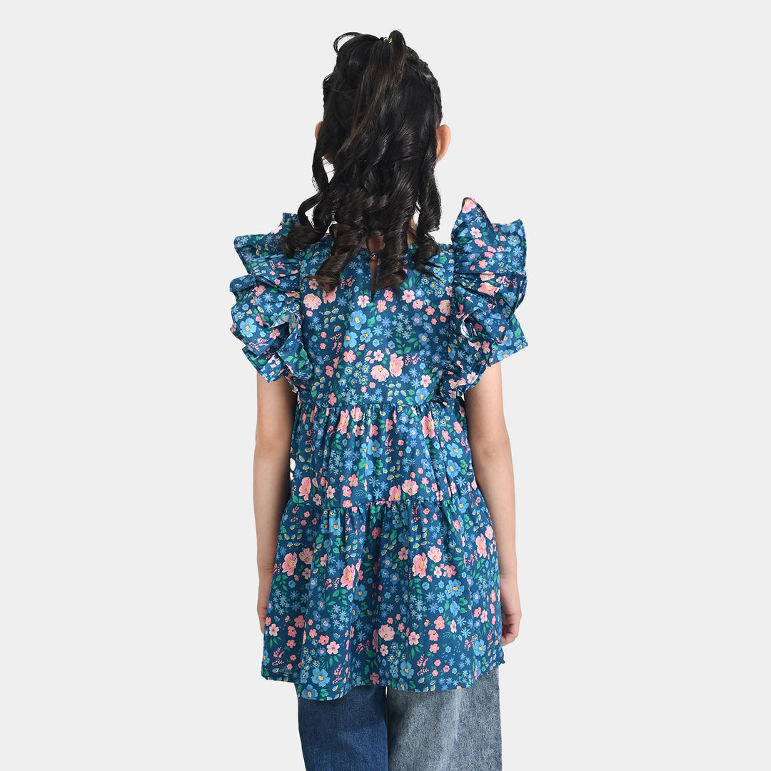 Girls Cotton Poplin Casual Frock (Blue Floral) - Multi