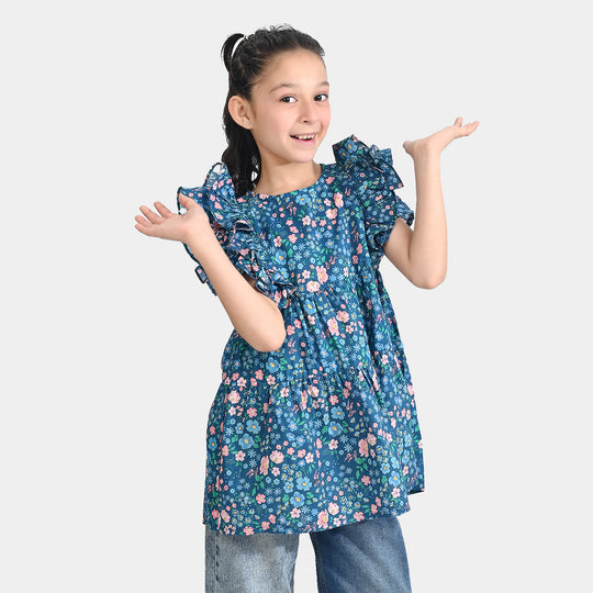 Girls Cotton Poplin Casual Frock (Blue Floral) - Multi