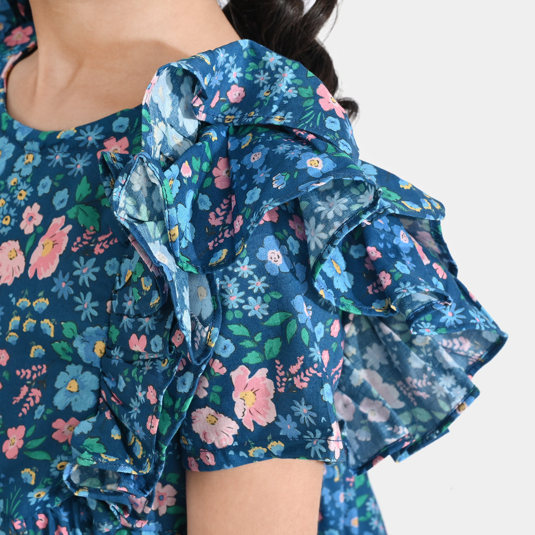 Girls Cotton Poplin Casual Frock (Blue Floral) - Multi