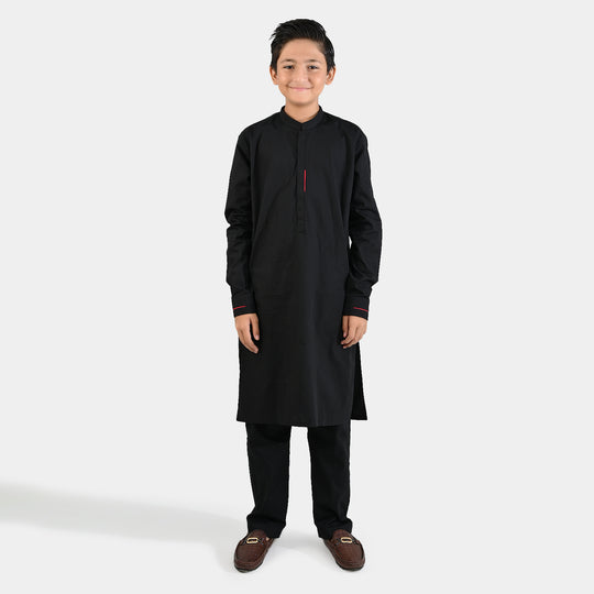 Boys Cotton Poplin Kurta Pajama (Black Studs) - Black