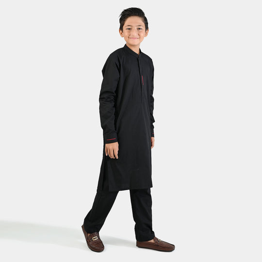 Boys Cotton Poplin Kurta Pajama (Black Studs) - Black