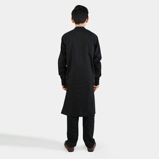 Boys Cotton Poplin Kurta Pajama (Black Studs) - Black