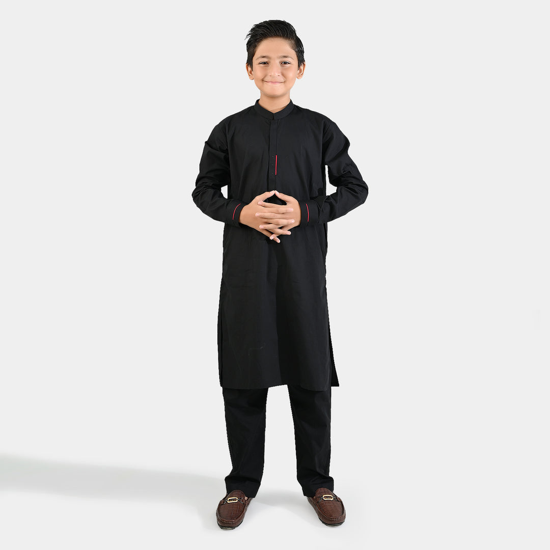 Boys Cotton Poplin Kurta Pajama (Black Studs) - Black