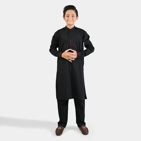 Boys Cotton Poplin Kurta Pajama (Black Studs) - Black
